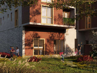 This stunning modern property boasts a beautiful facade with a combination of wood and stone elements.