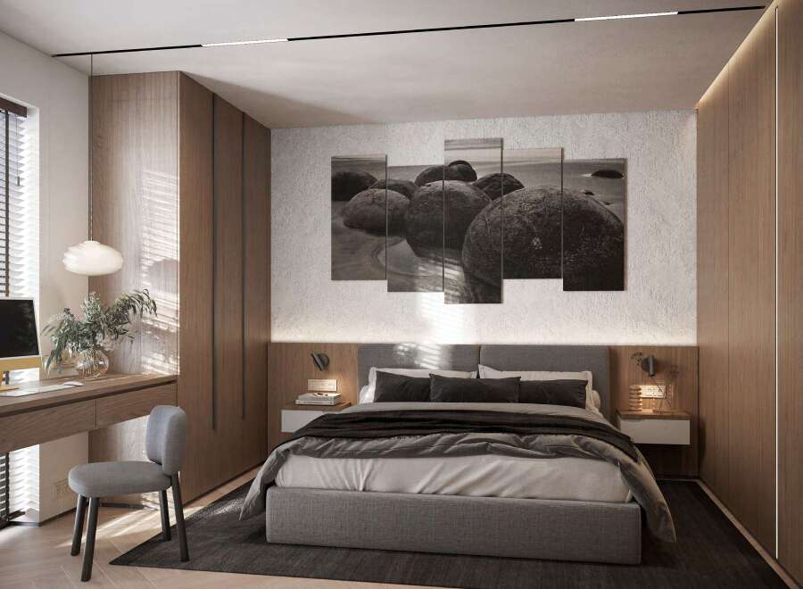 Step into a serene bedroom retreat, designed with modern elegance and comfort in mind.