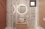 Step into a modern bathroom oasis! This stunning space features a sleek, frameless shower, a stylish floating vanity, and a chic, round mirror with integrated lighting.
