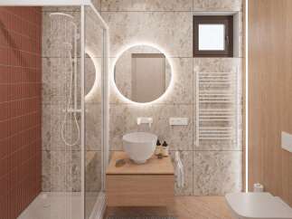Step into a modern bathroom oasis! This stunning space features a sleek, frameless shower, a stylish floating vanity, and a chic, round mirror with integrated lighting.