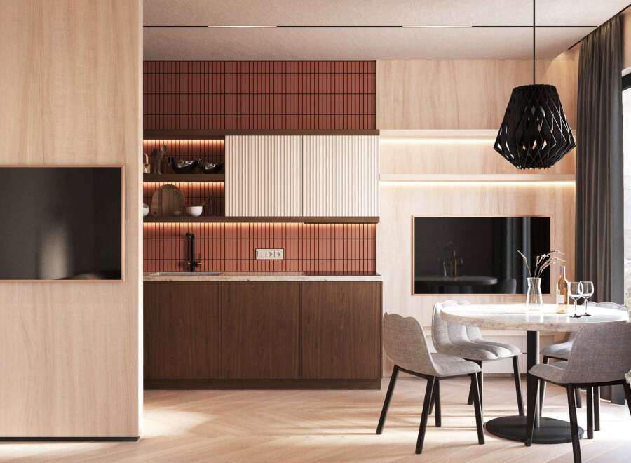Experience modern luxury in this stunning property, featuring a beautifully designed kitchen with sleek cabinetry and stylish backsplash.