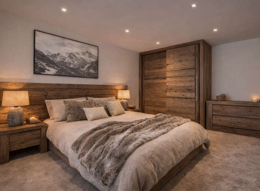 Experience the epitome of rustic elegance in this stunning bedroom.
