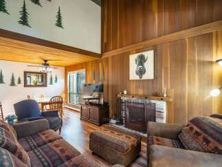 Step into rustic elegance with this stunning property, featuring a cozy living room with a fireplace and unique artwork.