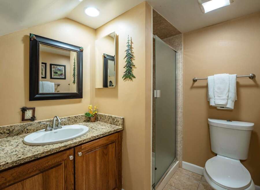This charming bathroom features a stylish vanity with a granite countertop and a sleek, modern sink.