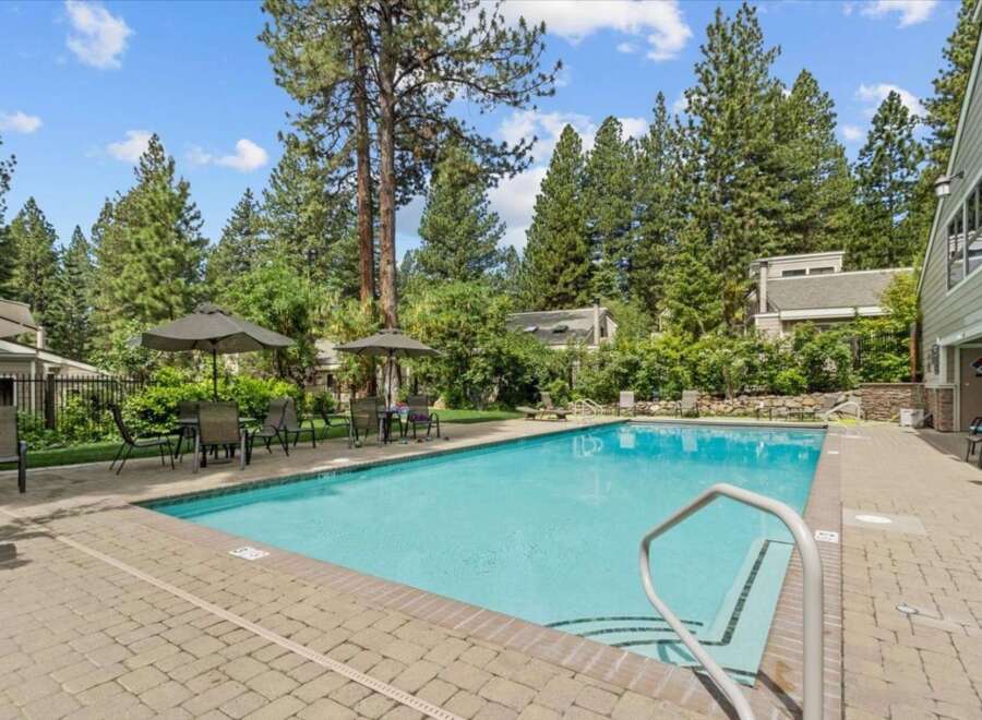 Enjoy a refreshing dip in the inviting pool, surrounded by lush greenery and towering trees.