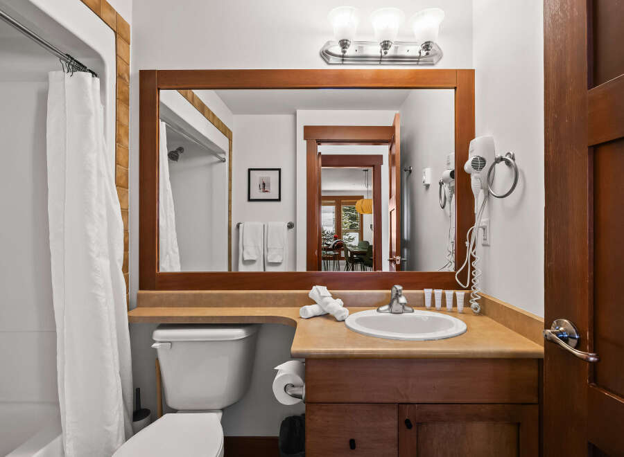 This inviting bathroom features a well-lit vanity area with a large mirror and a sleek sink.