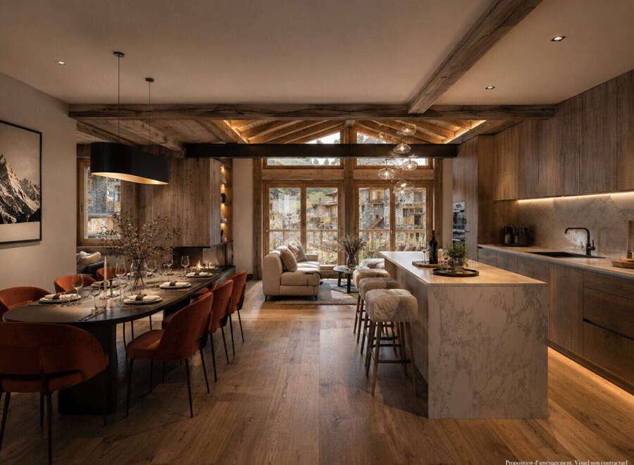 Experience luxurious mountain living in this stunning open-concept space, featuring a gourmet kitchen with a marble island and a sophisticated dining area perfect for entertaining.