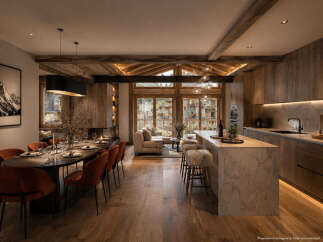 Experience luxurious mountain living in this stunning open-concept space, featuring a gourmet kitchen with a marble island and a sophisticated dining area perfect for entertaining.