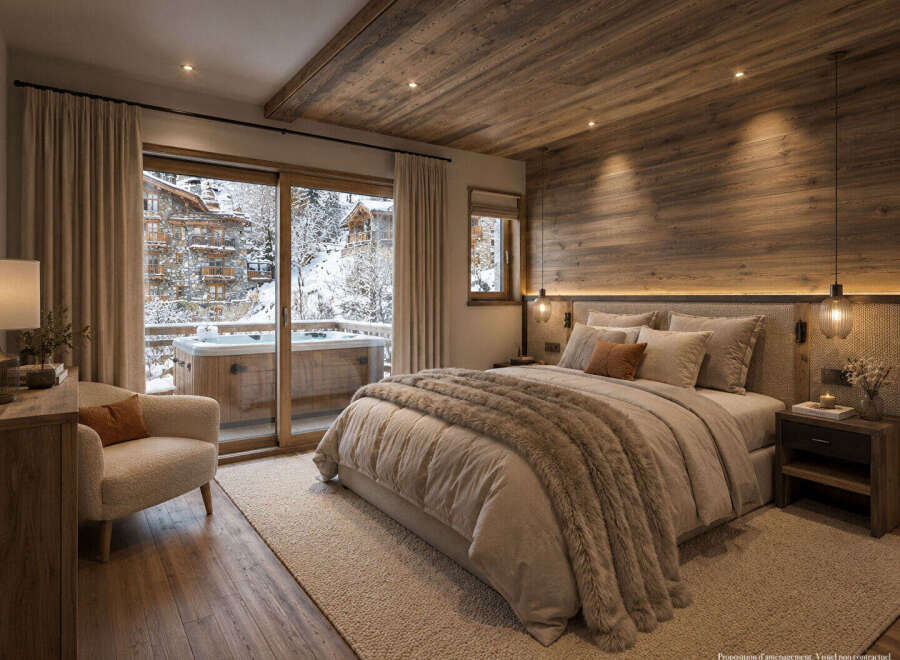 Experience ultimate relaxation in this luxurious mountain retreat, featuring a cozy bedroom with a plush king-sized bed and a private balcony overlooking a snowy landscape.