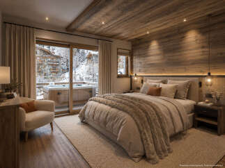 Experience ultimate relaxation in this luxurious mountain retreat, featuring a cozy bedroom with a plush king-sized bed and a private balcony overlooking a snowy landscape.