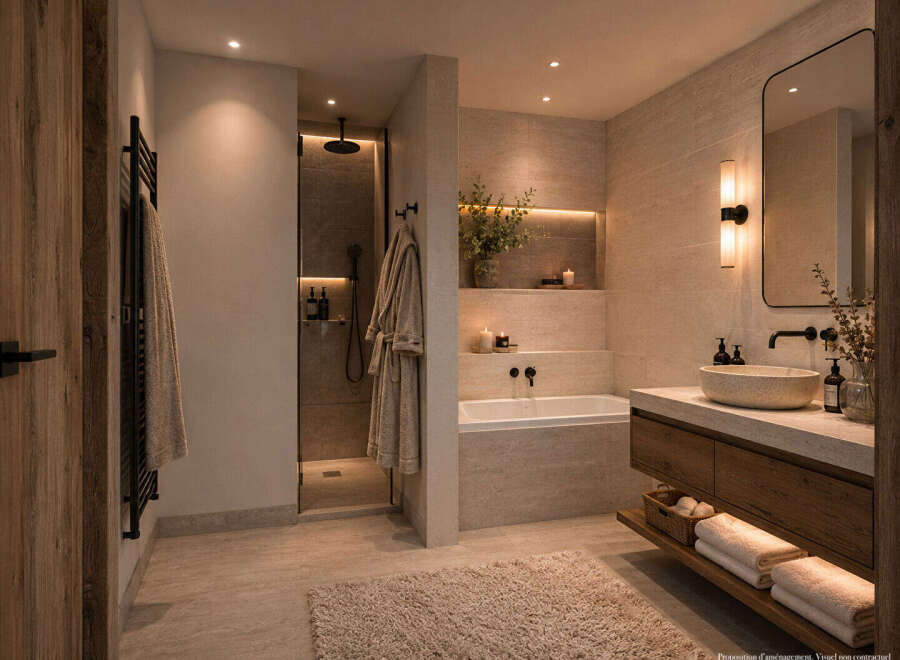 Indulge in luxury with this stunning bathroom featuring a spacious walk-in shower and a deep soaking tub, perfect for unwinding.