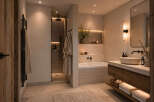 Indulge in luxury with this stunning bathroom featuring a spacious walk-in shower and a deep soaking tub, perfect for unwinding.