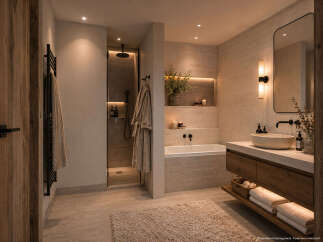 Indulge in luxury with this stunning bathroom featuring a spacious walk-in shower and a deep soaking tub, perfect for unwinding.