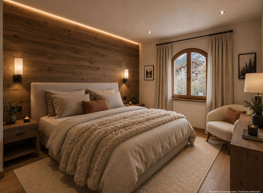 Experience cozy mountain living in this charming bedroom, featuring a luxurious bed adorned with plush throws and a striking wood-paneled accent wall.