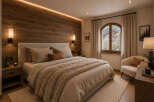 Experience cozy mountain living in this charming bedroom, featuring a luxurious bed adorned with plush throws and a striking wood-paneled accent wall.