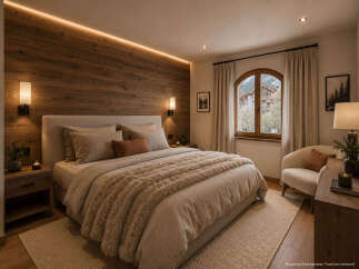 Experience cozy mountain living in this charming bedroom, featuring a luxurious bed adorned with plush throws and a striking wood-paneled accent wall.