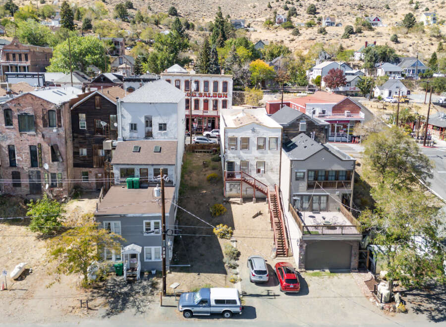 Discover the charm of historic properties in this captivating aerial view.
