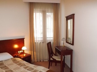 Relax in this cozy hotel room featuring a comfortable bed, a convenient work desk, and a large mirror.