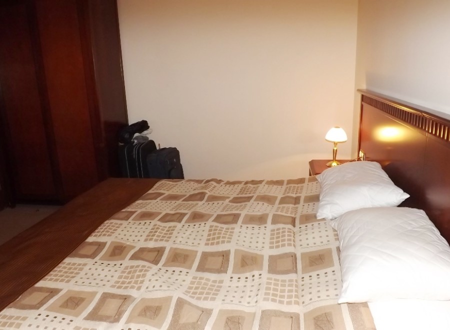 Relax in this cozy hotel room featuring a comfortable double bed with a patterned duvet and plush pillows.
