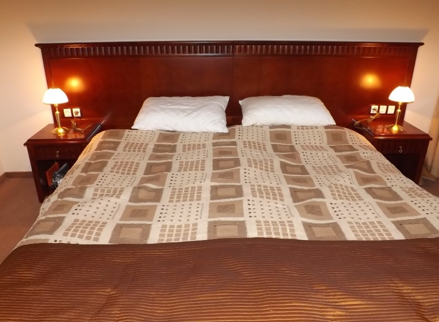 This hotel room features a comfortable double bed with a patterned bedspread and a rich brown headboard.
