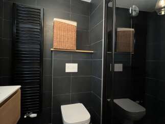 This modern bathroom features sleek black tiles, creating a sophisticated and contemporary ambiance.