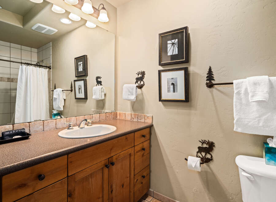 This charming bathroom features a rustic design with wooden cabinetry and a stylish countertop.