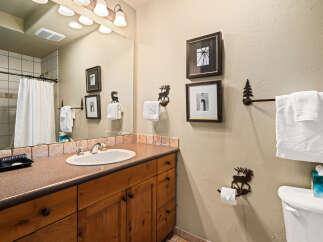 This charming bathroom features a rustic design with wooden cabinetry and a stylish countertop.
