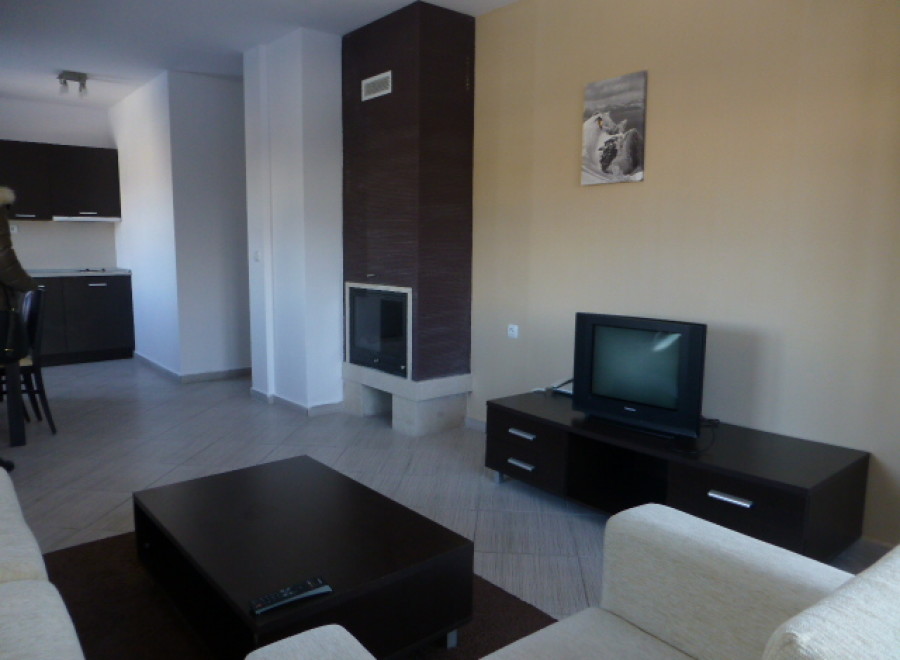 Cozy apartment featuring a modern kitchen, a fireplace for a warm ambiance, and a comfortable living area with a TV.
