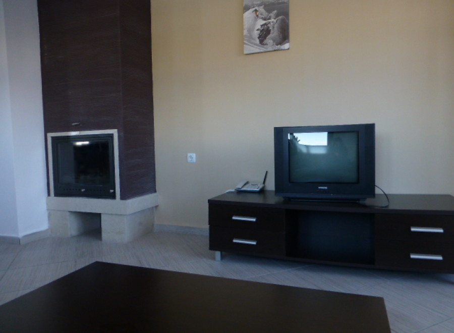 Cozy living room featuring a modern fireplace and dark wood entertainment center with TV.