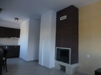 Modern apartment featuring an open-plan kitchen and living area with a stylish fireplace.