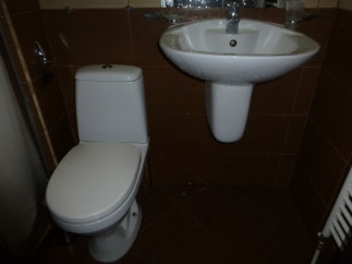 This cozy bathroom boasts a modern toilet and a stylish wall-mounted sink, perfect for a quick refresh.