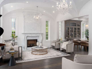 Step into luxury with this stunning property, featuring an elegant living room with a grand piano and a marble fireplace.