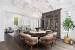 Step into luxury with this stunning dining room, featuring a custom-built cabinet and a beautiful chandelier.