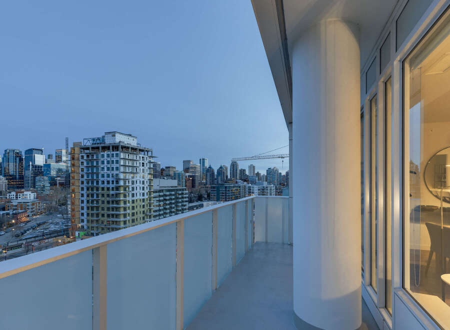Enjoy stunning city views from this modern balcony.