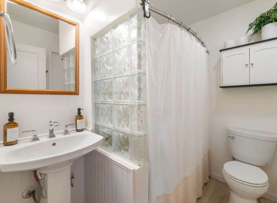 Step into this charming bathroom featuring a unique glass block shower enclosure.