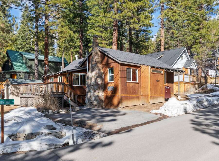 Nestled amidst towering trees, this charming cabin offers a cozy retreat.