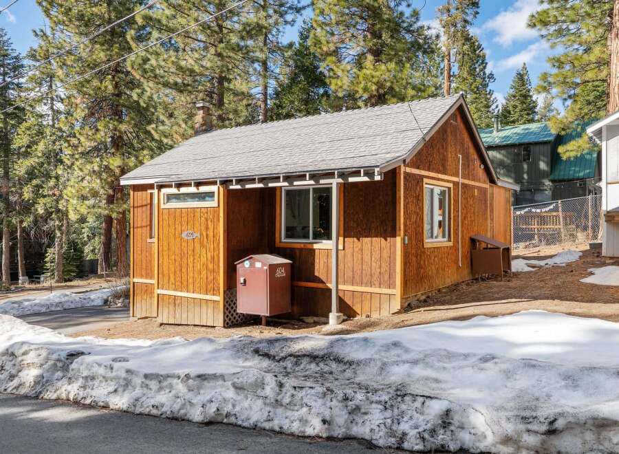 Nestled amidst towering trees, this charming cabin offers a cozy retreat.
