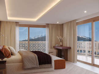 Experience luxury living with this stunning bedroom featuring breathtaking mountain views.