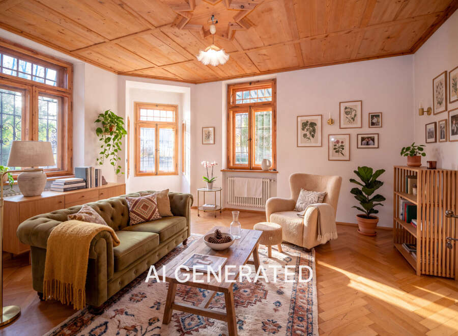 Step into this charming living room featuring a plush green tufted sofa adorned with a cozy yellow throw, complemented by a rustic wooden coffee table.