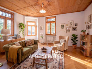 Step into this charming living room featuring a plush green tufted sofa adorned with a cozy yellow throw, complemented by a rustic wooden coffee table.