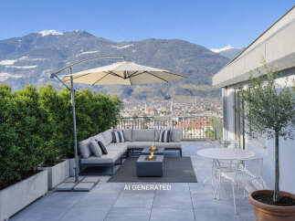 Experience luxury outdoor living on this stunning rooftop terrace, complete with a spacious sectional sofa, modern fire pits, and a large cantilever umbrella for shade.