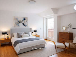 Experience modern comfort in this beautifully appointed bedroom, featuring a plush king-sized bed with elegant grey linens and a striking abstract artwork above.