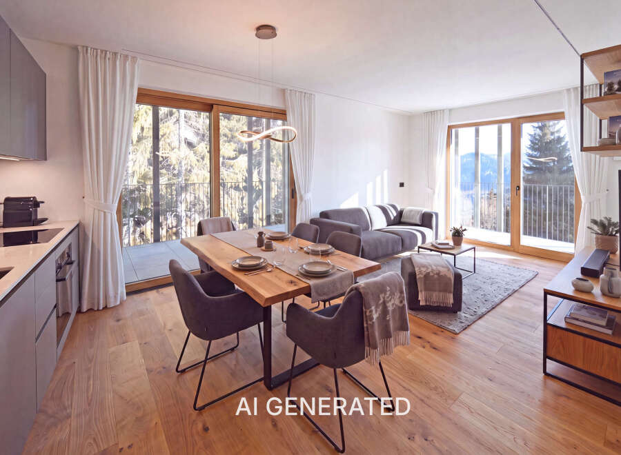 Experience modern living in this stunning open-concept space, featuring a sleek kitchen, a spacious dining area with a live-edge table, and a comfortable living room.