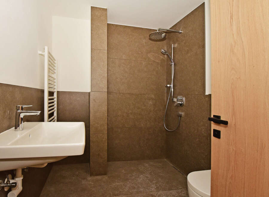 Experience modern comfort in this beautifully appointed bathroom, featuring a sleek sink and a spacious walk-in shower with elegant brown tilework.