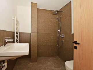 Experience modern comfort in this beautifully appointed bathroom, featuring a sleek sink and a spacious walk-in shower with elegant brown tilework.