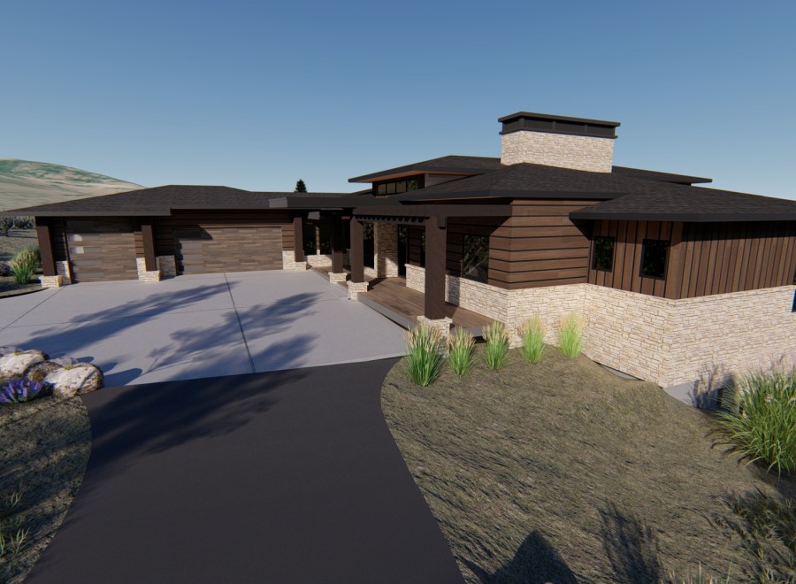Stunning mountain home with a spacious driveway and attached garage.