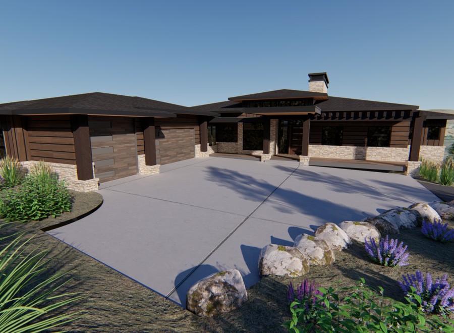Stunning modern mountain home with expansive driveway and attached garage.