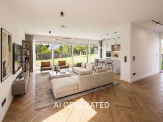 Experience modern living in this stunning open-concept living and kitchen area, featuring a spacious sectional sofa and a sleek marble-accented island with bar seating.