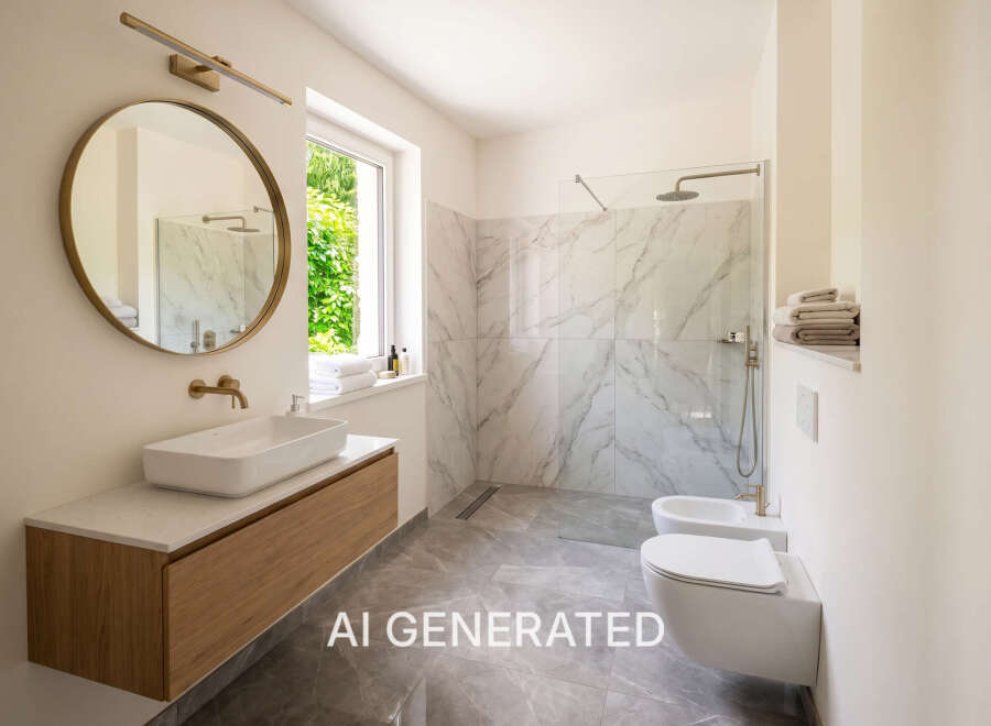 Experience modern luxury in this stunning bathroom featuring a sleek floating vanity with a vessel sink and a spacious walk-in shower with elegant marble tile.