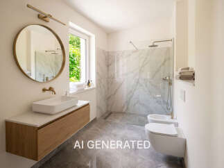 Experience modern luxury in this stunning bathroom featuring a sleek floating vanity with a vessel sink and a spacious walk-in shower with elegant marble tile.
